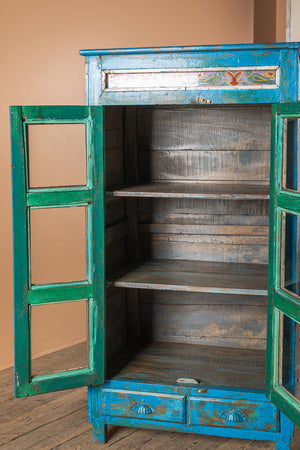 Blue Vintage Cabinet with Painted Glass