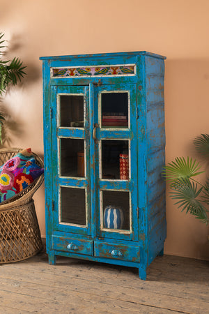 Blue Vintage Cabinet with Painted Glass