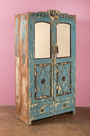 Vintage Light Blue Carved Almirah with Mirrors