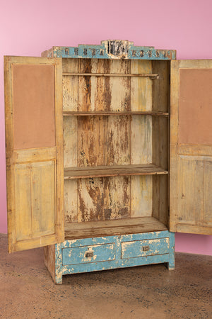 Vintage Light Blue Carved Almirah with Mirrors