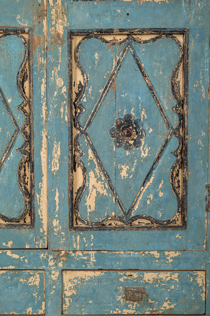 Vintage Light Blue Carved Almirah with Mirrors
