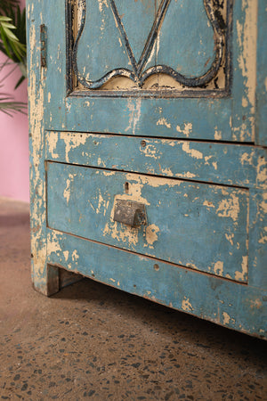 Vintage Light Blue Carved Almirah with Mirrors
