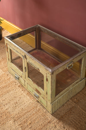 Pale Green Display Cabinet with Glass Top
