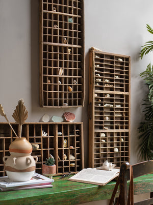 An eclectic workspace featuring the Vintage Wooden Printing Press Tray by Ian Snow Ltd filled with shells and trinkets, a green rustic desk, decorative ceramics, an open book, and a potted plant in the background.